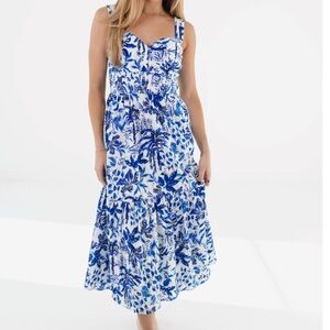 Elegant Floral Midi Dress - White and Blue